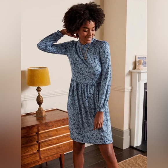 Boden Clara Dress Women 8 Petite Modest Long Sleeve Jersey Blue Floral Pockets - Picture 1 of 9